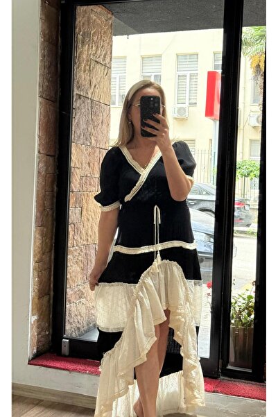 AlyaTeks FİSTO VE PÜSKÜL DETAYLI ÖNÜ KISA ELBİSE KREM SİYAH