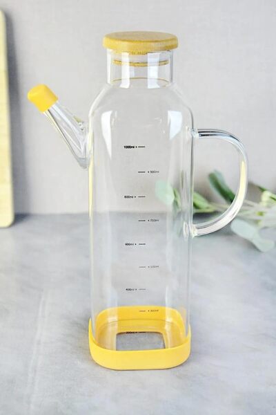 Mena Rise Şirinshop 1000 ml Borosilicate Glass Square Oil Pot with Bamboo Lid 1108107