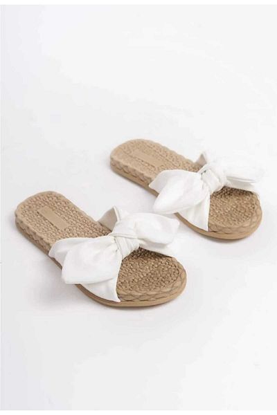 oliviashoes Women's White Bow Non-Slip Sole Pool Sea Beach Slippers Code 2924