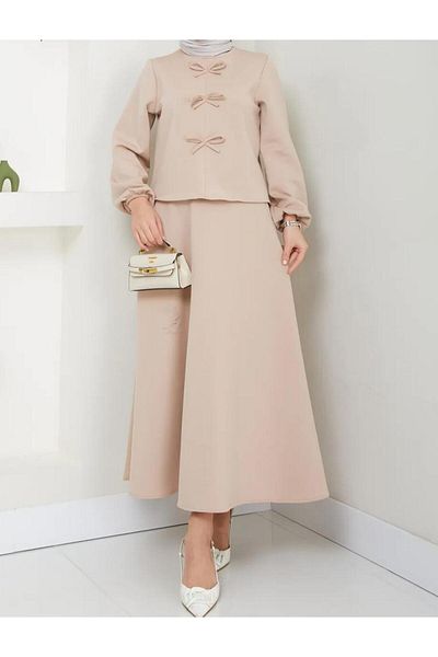 New Lune Women's Clothing Bow Detail in Front Scuba Fabric Fitting Double Suit, Bottom Top Suit