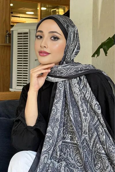 FLORA TEKSTİL Retro pattern cotton shawl black mink