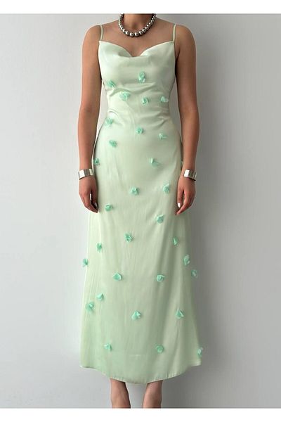 Julidress 3D Floral Detailed Degaje Collar Midi Length Premium Satin Dress