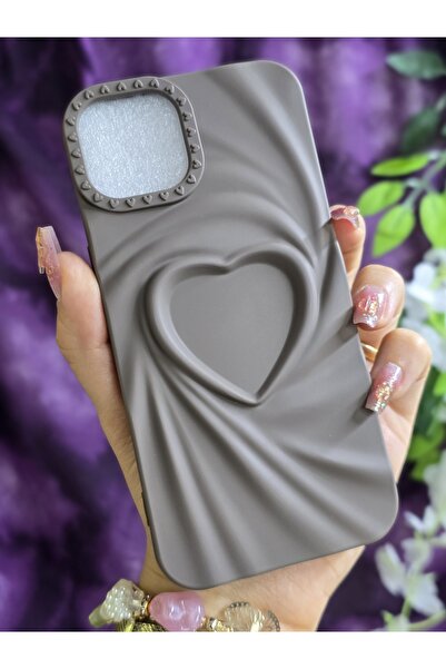 Magic Ring iPhone 13 / 14 Uyumlu 3D Kalpli Kahverengi Silikon Kılıf