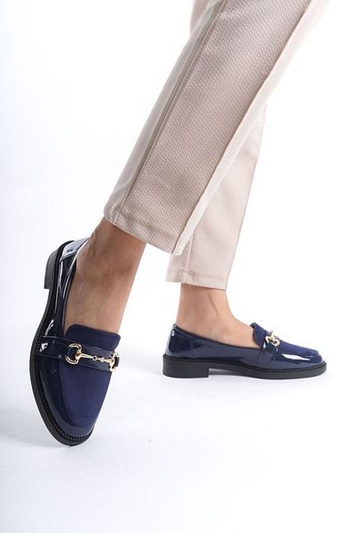 hadigiy Women's Navy Blue Suede Detailed Gold Buckle Casual Short Heeled Loafer Shoes