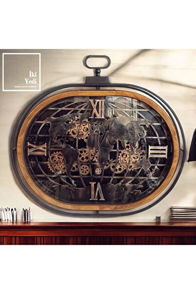 77 Doncaster 86 cm Ayaklı Çarklı Saat, Ahşap Metal Dünya Haritalı Mekanik Saat, Lüks Ev Ofis Hediyesi