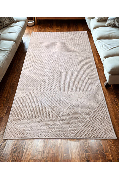 NaRStore Home Krem Bej Renk Kaymaz Tabanlı Kesme Kabartmalı Salon Koridor Mutfak Halısı