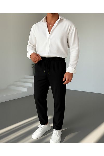 NO1 KONSEPT Pantaloni negri din in, cu picioare duble, cu croiala normala