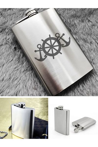 BiTon Toptan Sailor Anchor Themed 9 oz Stainless Steel Pocket Flask 266 ml Drink Pocket Flask