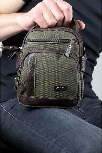 İMAKS Canvas Tarpaulin Fabric Medium Size Leather Detail Men's Daily Hand Shoulder Strap Bag Khaki A101