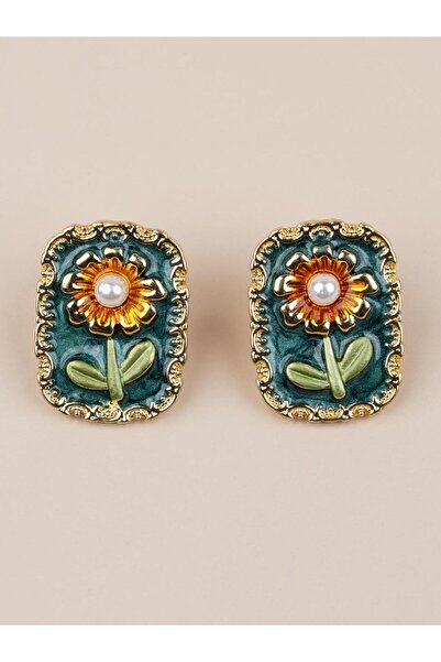 Portakal Esintisi Sunfloria Daisy Motif Vintage Art Earrings with Enameled Pe...