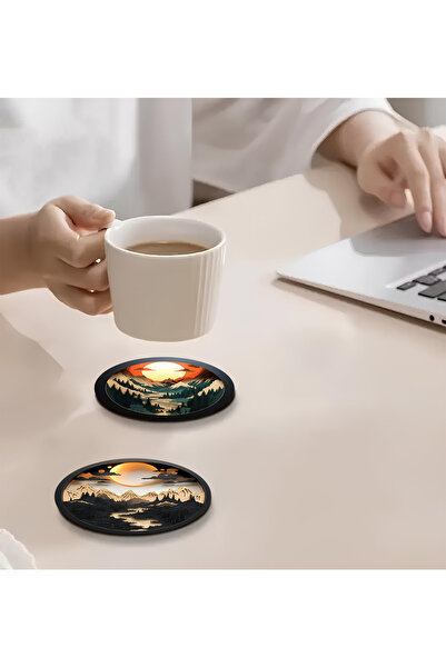 kutuTR 🏔️   3D Mountain and Sunset Themed Set of 6 Mdf Coasters – 10 cm Brd-032