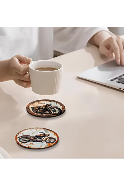 kutuTR 🏍️   Retro Motorcycle Themed Set of 6 Mdf Coasters – 10 cm Brd-034