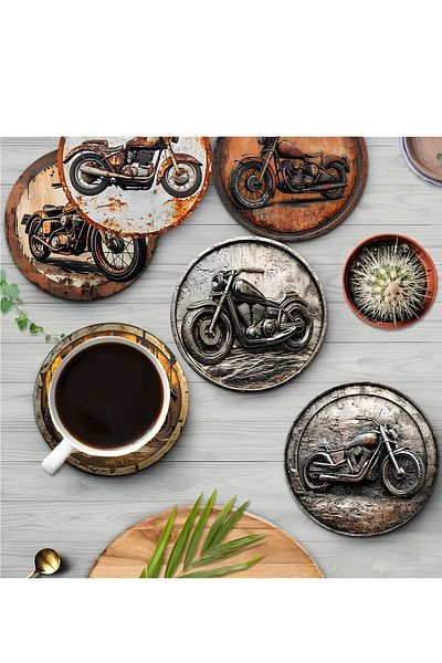 kutuTR 🏍️   طقم من 6 قطع من أكواب MDF بطابع الدراجات النارية الرجعية - 10 سم BRD-034
