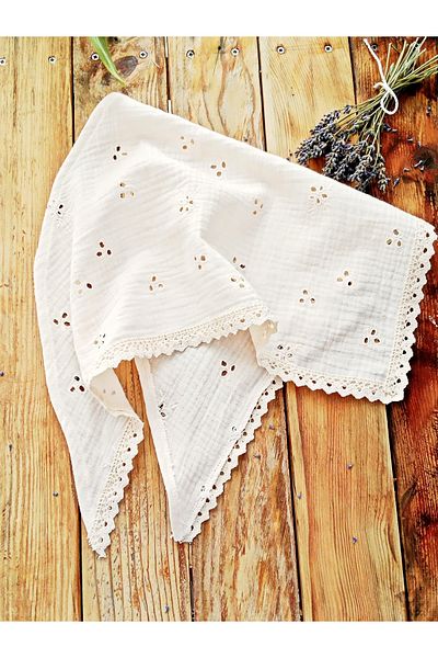 Mufincollection Cotton Embroidered Muslin Fabric Triangle Bandana – Triangle Shawl with Fisto Detail