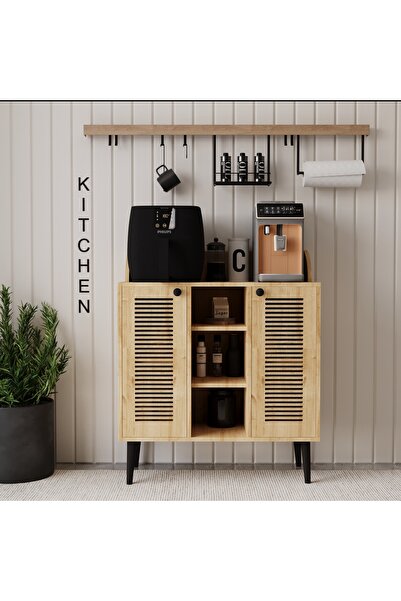 melura home Kahve Kiler-kahve Köşesi %100 Mdf 90 Cm Panjur Kapak Lake Ahşap Ayaklı Çok Amaçlı Dolap