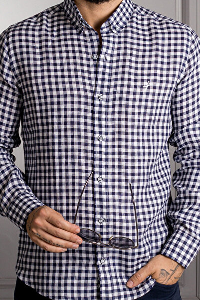 Sarar Επισκέψτε το πουκάμισο Carina με κουμπιά καρό μοτίβο 100% λινό μπλε ναυτικό