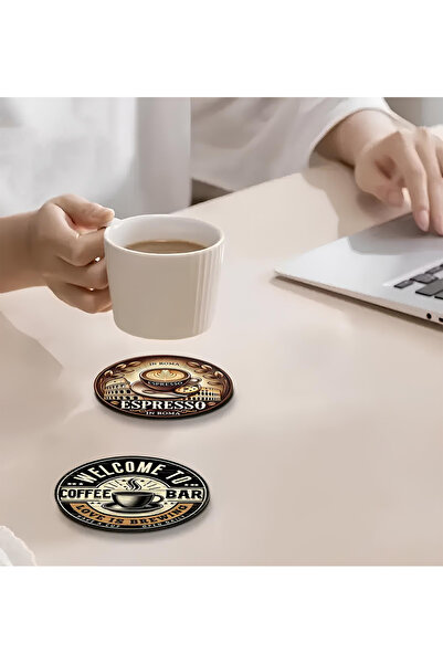 kutuTR ☕   Set of 6 Retro Coffee Themed Mdf Coasters – 10 cm |   Brd-029