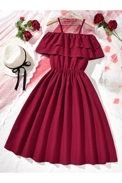 shop Bordo fırfırlı elbisi lastikli elbise astarsız