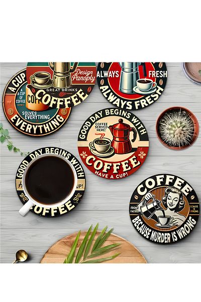 kutuTR ☕   طقم من 6 قطع من أكواب MDF ذات طابع القهوة مع نصوص مرحة كلاسيكية - 10 سم BRD-031