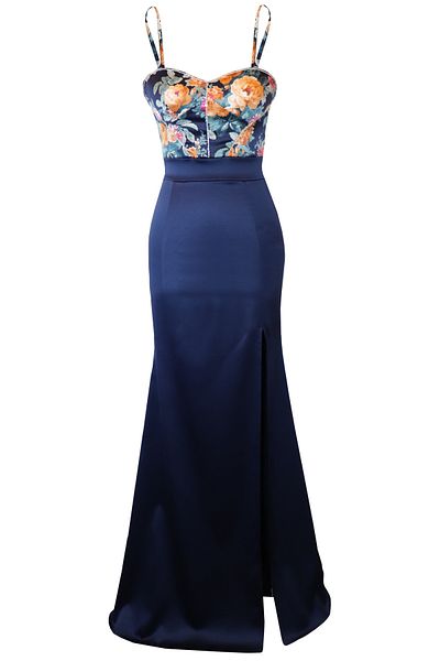 Atelier Anca Socolovschi Rochie lungă, bleumarin, cu flori și crăpătură pe picior