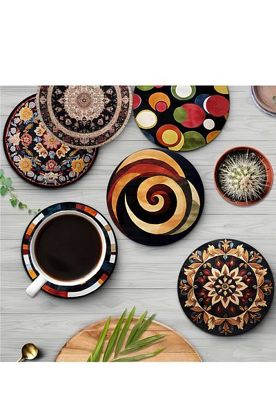 kutuTR 🌀   طقم مساند أكواب MDF منقوشة عرقية وفكرة مجردة مكونة من 6 قطع - 10 سم BRD-035