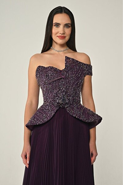 ALFABETA One-shoulder sequin and stone embellished skirt, pleated chiffon maxi dress