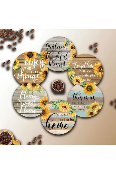 kutuTR 🌻   مجموعة من 6 قطع من مسند الأكواب MDF مكتوب عليها شكل عباد الشمس – 10 سم |   BRD-030