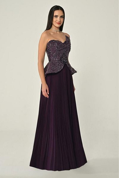ALFABETA One-shoulder sequin and stone embellished skirt, pleated chiffon maxi dress