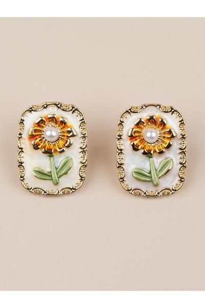 Portakal Esintisi Sunfloria Daisy Motif Vintage Art Earrings with Enameled Pe...