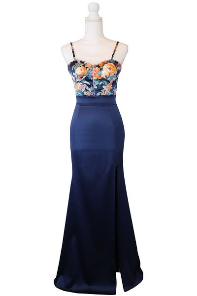 Atelier Anca Socolovschi Rochie lungă, bleumarin, cu flori și crăpătură pe picior