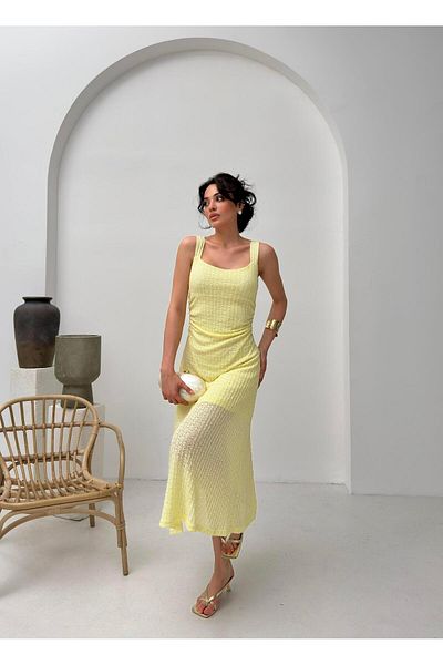 Serica Moda Yellow Square Neck Strap Lace Dress