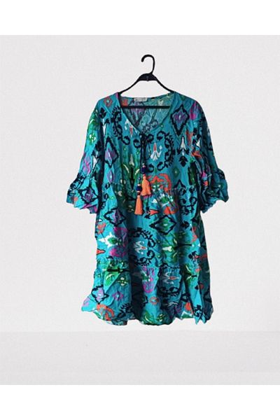 Namaste Vintage Blue Ethnic Print Authentic Midi Dress (36-44 Size Matching) 100% Cotton