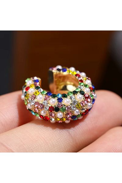 Takıtolia Elix - Multicolored Stone Gold Color Holeless Compression Pearl Stone Gold Design Cartilage Earring
