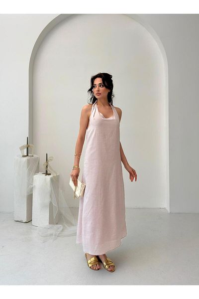 Serica Moda Pink Melange Halter Neck Linen Blend Dress