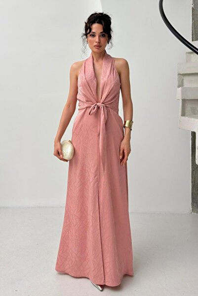 Serica Moda Φόρεμα με μοτίβο σε πούδρα με μπούκλα μπροστά με μηδενικό μανίκι