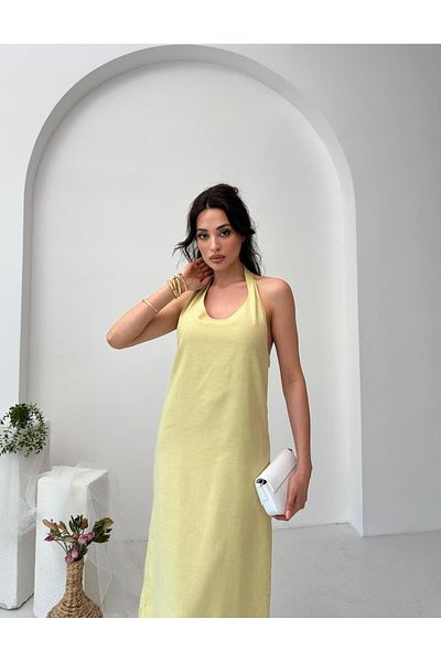 Serica Moda Yellow Melange Halter Neck Linen Blend Dress