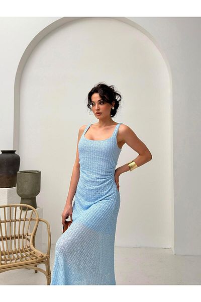 Serica Moda Blue Square Neck Strap Lace Dress