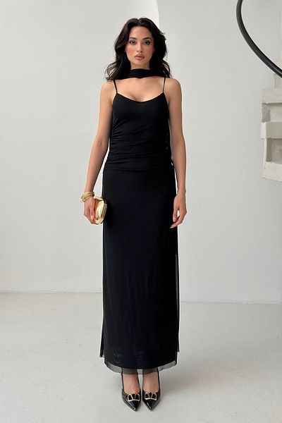 Serica Moda Black Shawl Detailed Strap Tulle Dress