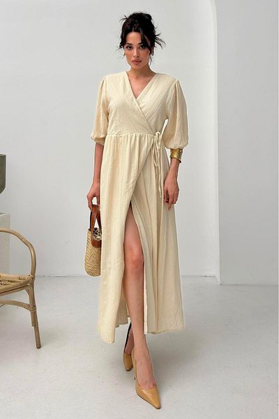 Serica Moda Beige Double Breasted Collar Tie Detailed Muslin Dress