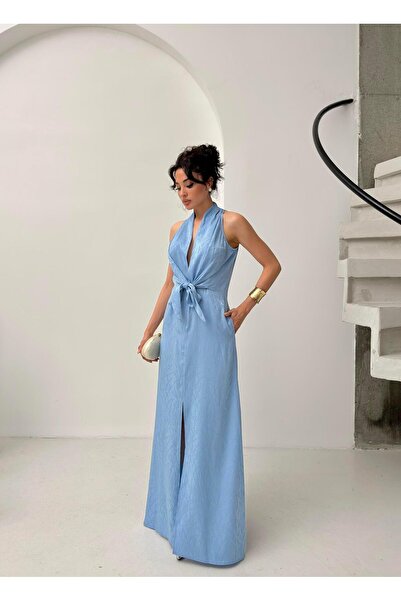 Serica Moda Φόρεμα με μπλε μοτίβο μπροστινό δεμένο μηδενικό μανίκι