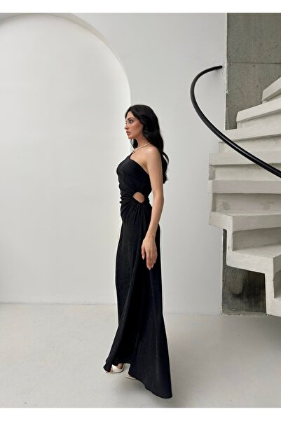 Serica Moda Φόρεμα με μονό ώμο με μαύρο σχέδιο με λεπτομέρεια παραθύρου