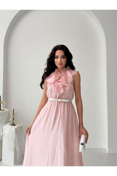 Serica Moda Powder Ruffle Collar Belted Lined Tulle Dress