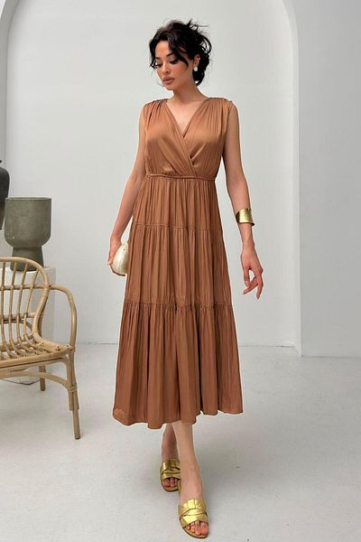 Serica Moda Brown Double Breasted Ruffle Detail Sleeveless Midi Dress