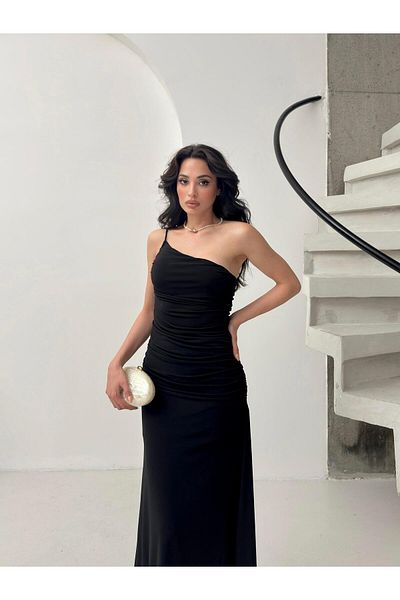 Serica Moda Black Gather Detailed One Shoulder Dress