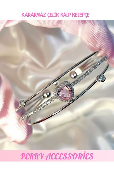 Perry Accesories gema bileklik çok renkli gümüş renk pembe kalp kelebek yonca...