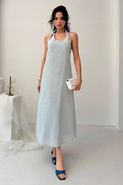 Serica Moda Blue Melange Halter Neck Linen Blend Dress