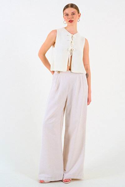 LOOSH Kadın Krem Bisiklet Yaka Bağlama Detaylı Yelek