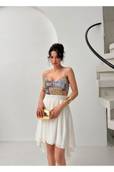 Serica Moda Ecru Sequin Detailed Strap Dress