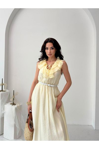 Serica Moda Yellow Ruffle Collar Belted Lined Tulle Dress