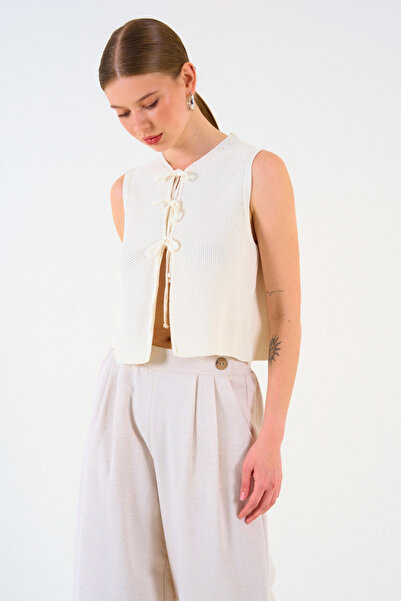 LOOSH Kadın Krem Bisiklet Yaka Bağlama Detaylı Yelek